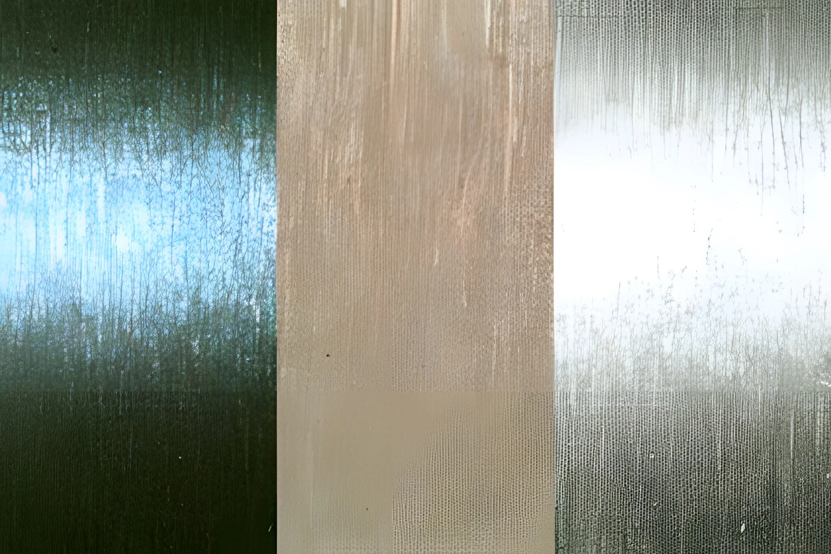 Three vertical panels of streaked metal surface texture in dark green, tan and silver tones