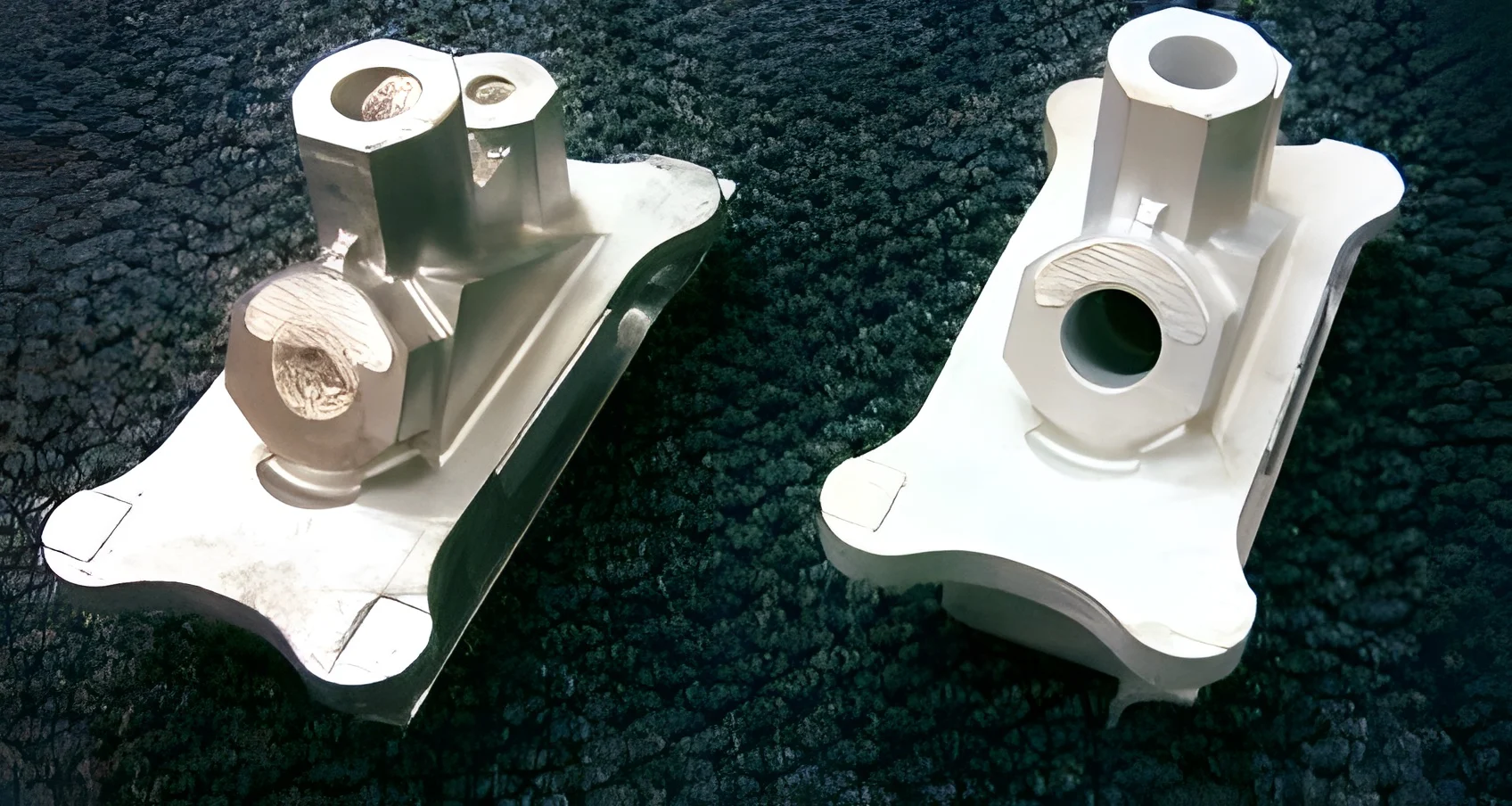 Two pale ceramic investment casting shell molds with hexagonal bosses on a dark textured surface