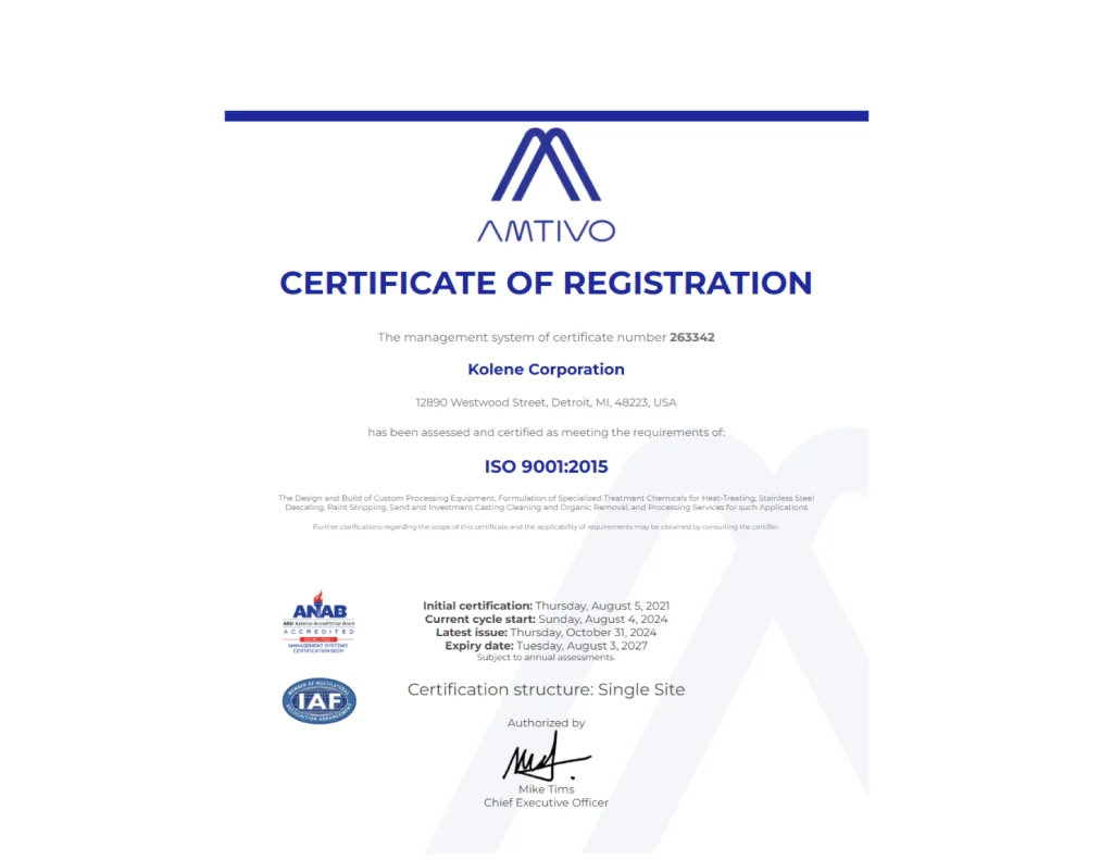 Kolene Corporation ISO 9001:2015 certificate of registration issued by Amtivo, valid through August 3, 2027